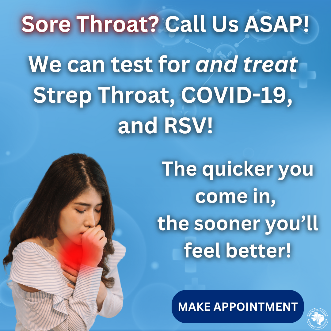 Pop-up featuring woman with sore throat that could indicate Strep Throat, COVID, or RSV.