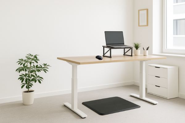 Ergonomic standing desk setup with laptop riser and floor mat