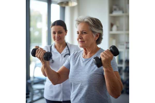 Older woman building strength with a healthcare provider
