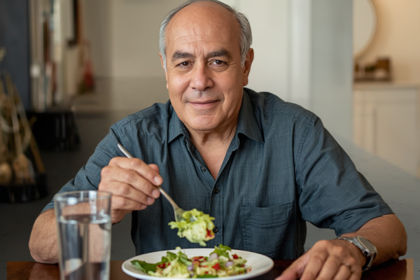 An older man enjoying a balanced diet with a salad and glass of water