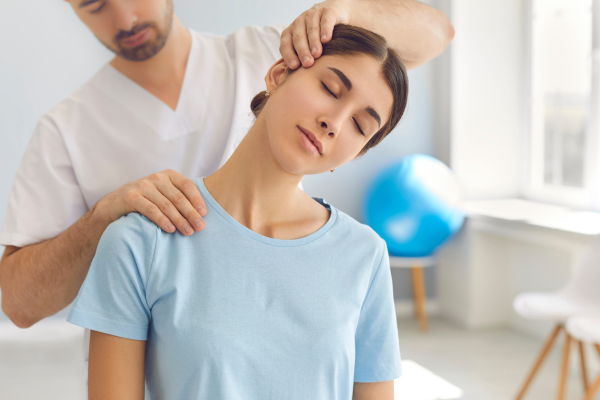 A chiropractor assessing a woman's neck and spinal alignment to provide cervicogenic headache relief
