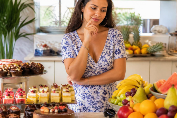 A woman deciding between sugary sweets and fresh fruit at a party table (AI Generated)